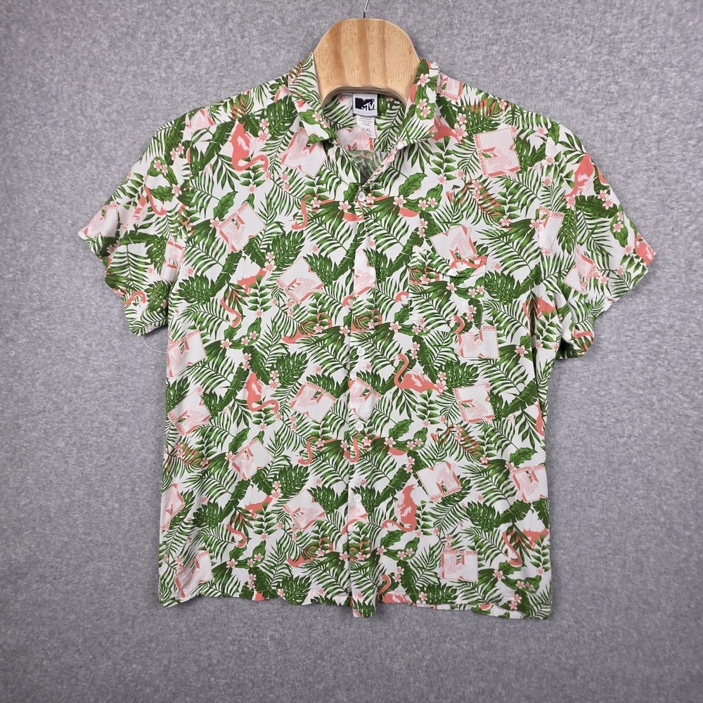 MTV Shirt Mens 2XL Green Flamingo Tropical Hawaiian Button Up Spring Break